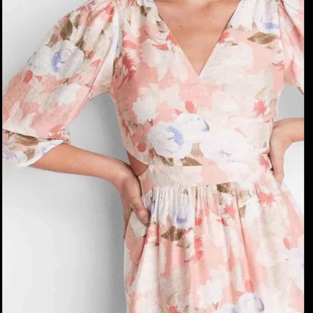 Express dress XL floral puff sleeve wrap tie back cutout pink‎ pastels NWT